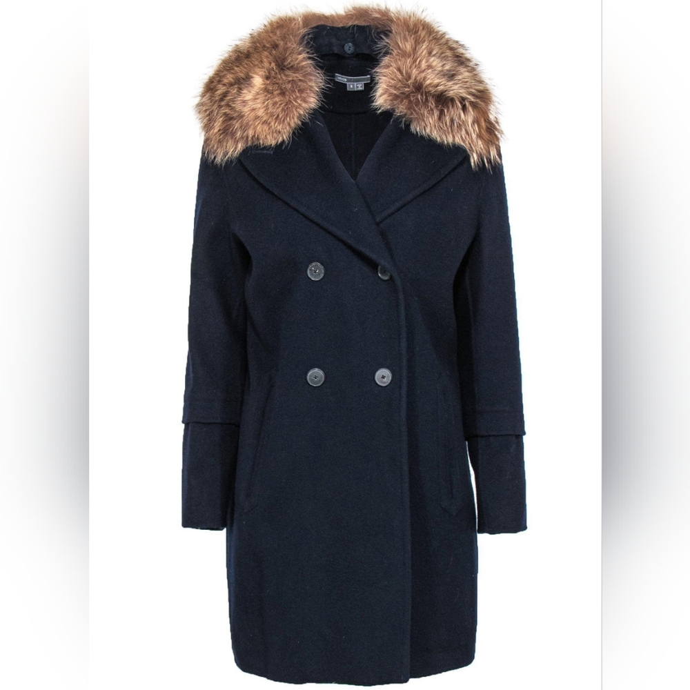 Vince Navy Wool Peacoat with Cayote Fur Collar